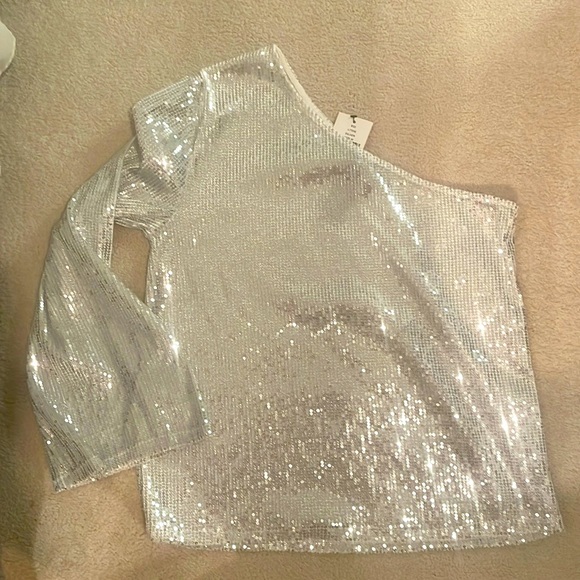 Lea & Viola One Shoulder Sequin Top Party Silver Metallic Medium - Picture 5 of 6